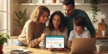 Spanish family reviewing a 3-year financial budget plan on a tablet