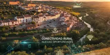 Scenic Spanish rural village with modern digital overlay symbolizing connectivity and new opportunities.