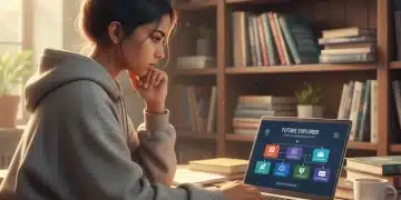 Student contemplating career choices on a laptop, vocational guidance