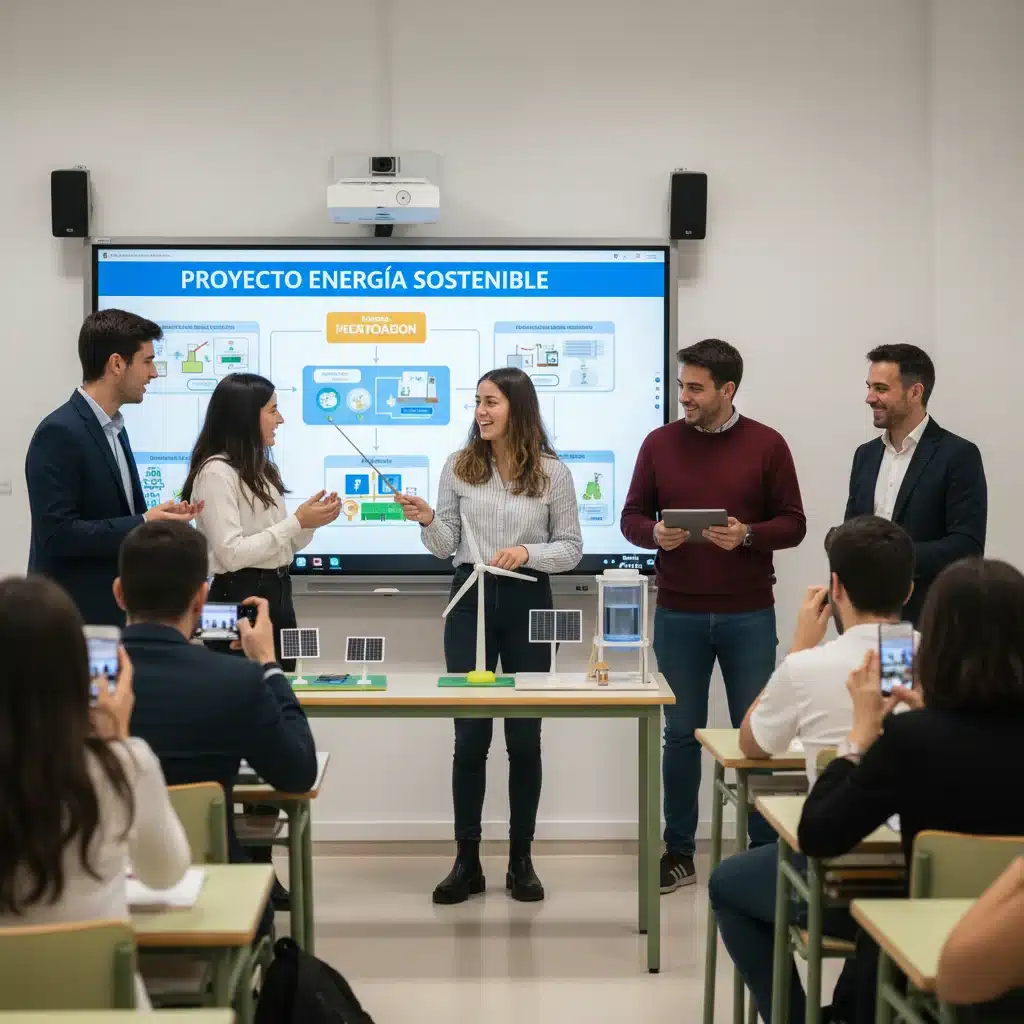 Spanish students presenting a collaborative project, showcasing project-based learning.