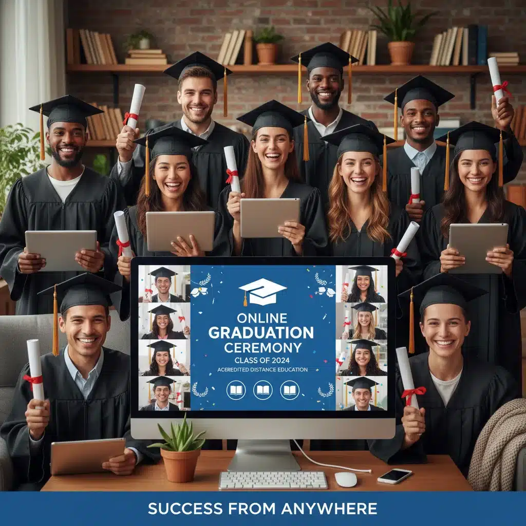 Diverse students achieving success through accredited online education platforms.
