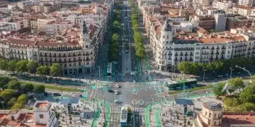 Modern Spanish city embracing sustainable mobility with electric transport and green infrastructure