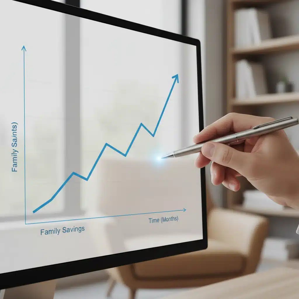Hand tracking family savings growth on a digital graph
