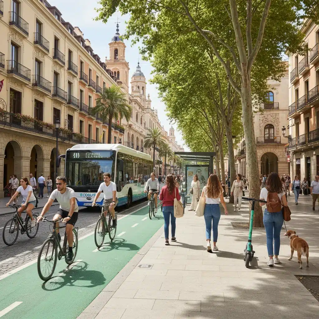 Cyclists and electric bus on a dedicated lane in a bustling Spanish city street